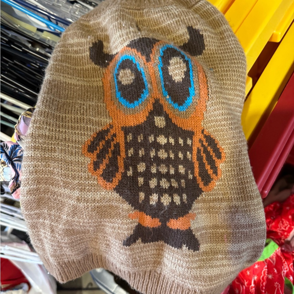Kids Owl Knit‎ Beanie - Brown with Orange & Blue Accents